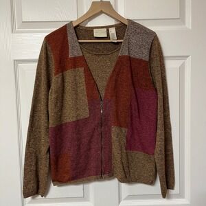 First Issue Liz Claiborne Patchwork Zipper Cardigan Sweater Women's Size L
